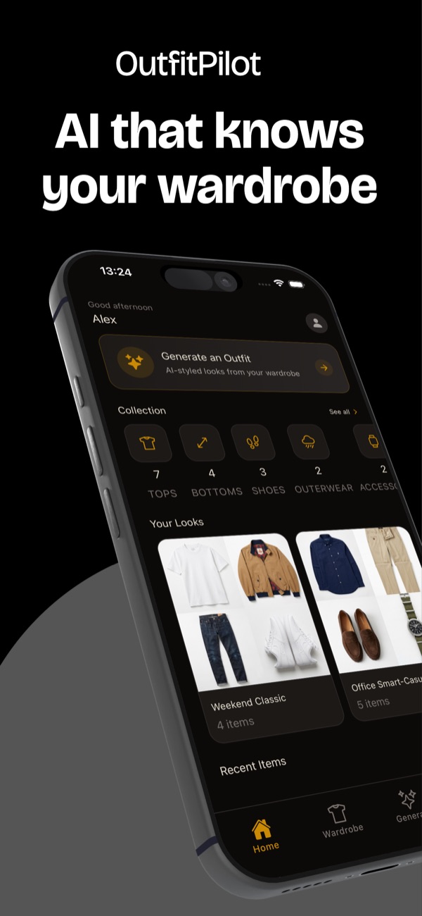 OutfitPilot home screen showing wardrobe categories and saved looks
