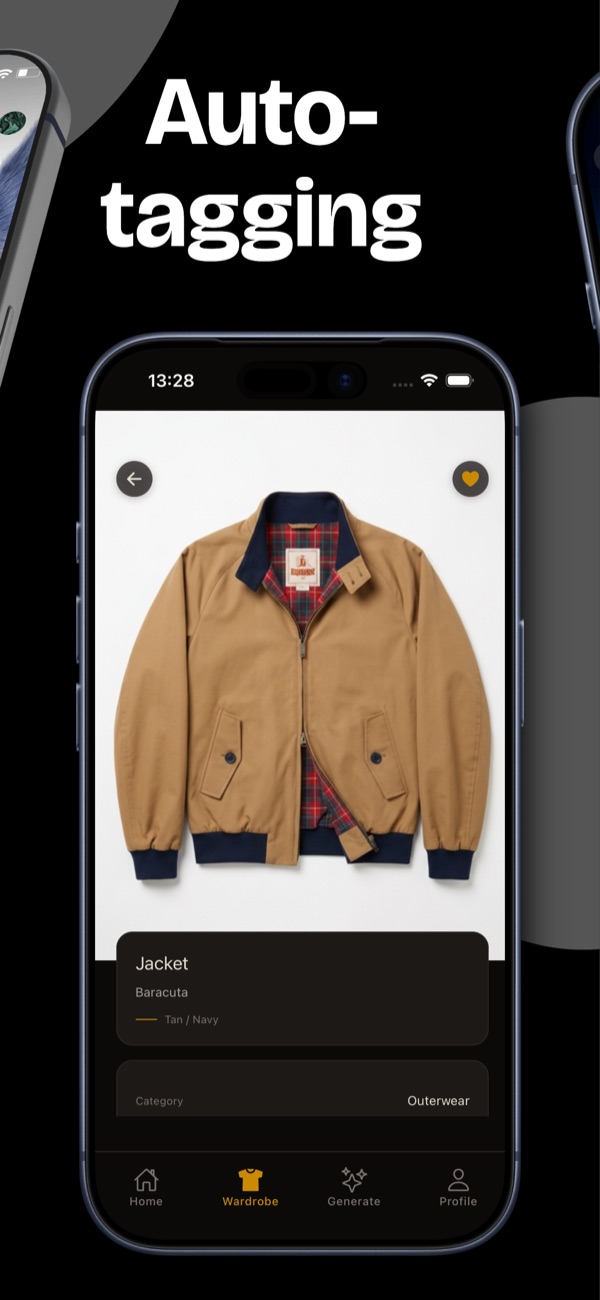 AI auto-tagging a Harrington jacket with colour, material, and fit