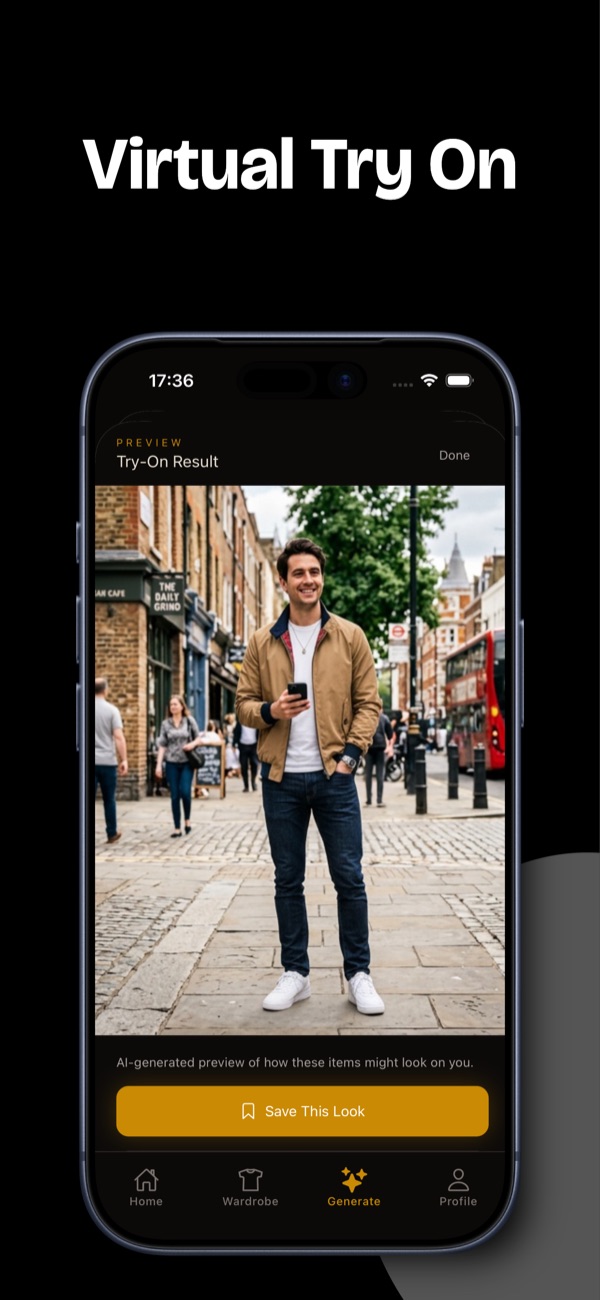 Virtual try-on result showing outfit on a real person