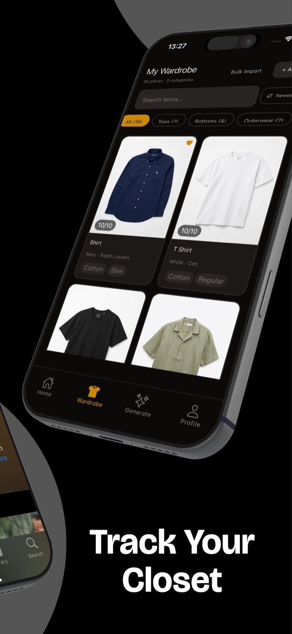 Wardrobe grid with clothing items organised by category