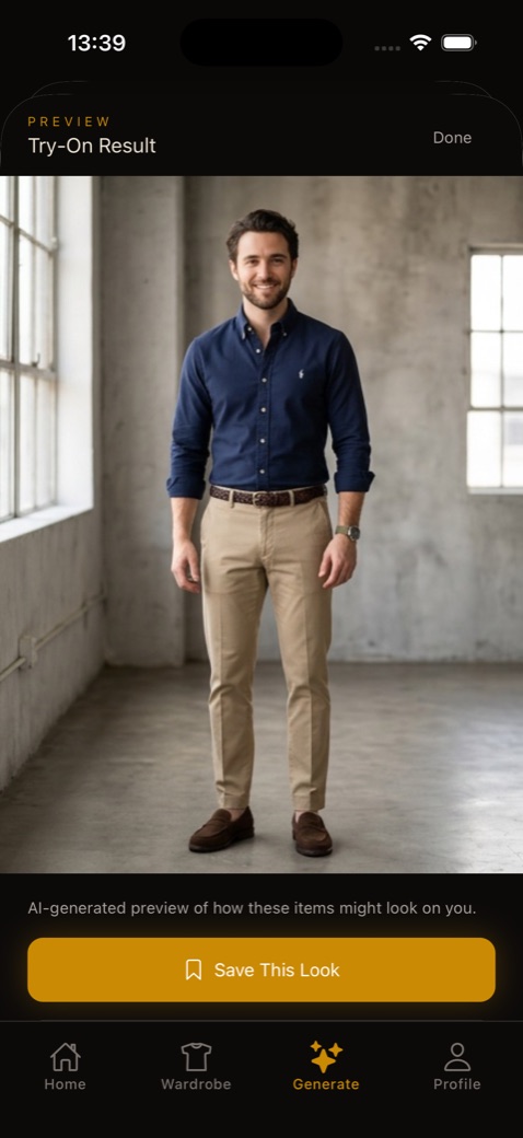 Virtual try-on showing the outfit on a real person