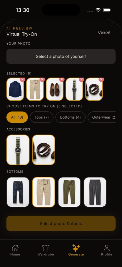 Selecting outfit items for virtual try-on