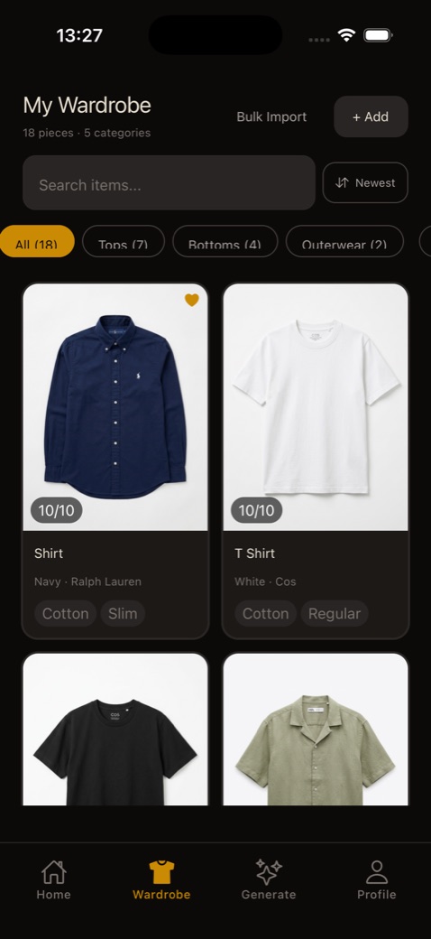 Wardrobe grid with 18 clothing items organised by category